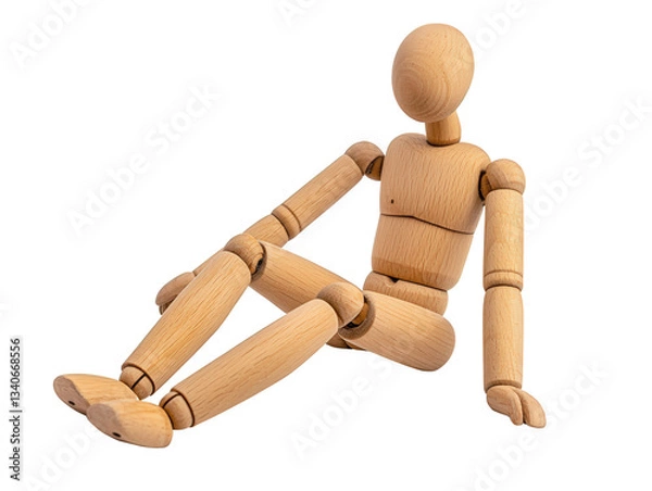 Obraz A wooden mannequin figure sitting in a relaxed pose, showcasing its articulated joints and natural wood finish, Transparent Background.