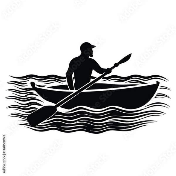 Fototapeta Silhouette of a man paddling canoe on lake vector image