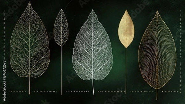 Obraz Four different types of leaves on a dark green background. the leaves are arranged in a row, with the largest leaf in the center and two smaller leaves on either side.