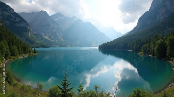 Fototapeta A high-quality professional photo of Lake Braies, Italy, during mid-day with humid conditions, captured from a panoramic perspective, with clear water and lush surroundings.