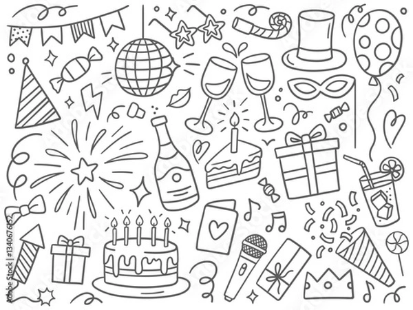 Fototapeta Black and white doodle illustration with festive elements. Vector illustrations on a white background. Perfect for parties, celebrations, and special events design.