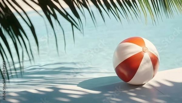 Obraz A colorful beach ball rests beside a clear swimming pool, with palm leaves casting shadows on the water. Concept Vibrant Summer Vibes, Beach Ball Aesthetics, Poolside Relaxation, Tropical Shadows