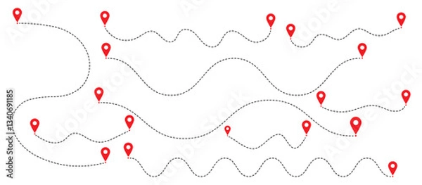 Fototapeta Path travel dotted line trip dashed trace destination track plan and silhouette, travelling symbol . Route icon. Start and end jurney signs symbols. route icon. map pointer. location, pin, gps