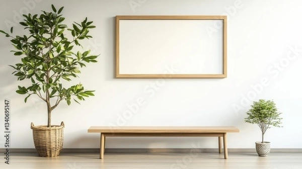 Fototapeta Minimalist wooden bench and plants in modern interior with blank frame.