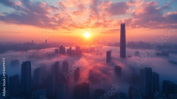 Fototapeta aerial view of sunrise over a misty city skyline with colorful clouds and a dreamy atmosphere. World Urbanism Day.  World Photography Day