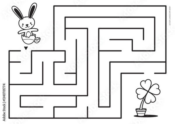 Obraz bludiste_A4_landscapeVector black lines for maze print. A4 format. Educational maze coloring book with a cute cartoon easter bunny looking for four leaf clover. Landscape size._009_BABY
