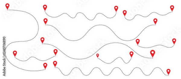 Fototapeta Path travel dotted line trip dashed trace destination track plan and silhouette, travelling symbol . Route icon between two points with dotted path and location pin. Location pointer continuous one 