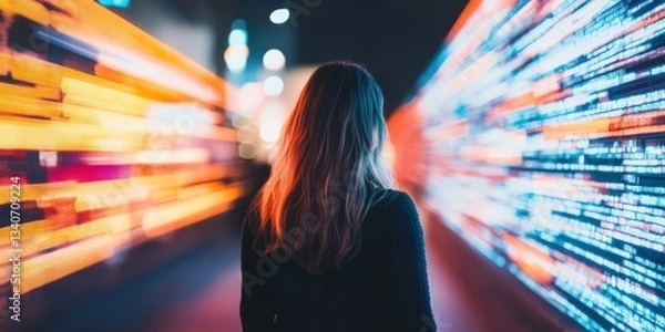 Fototapeta Immersive Digital Landscape Next-Gen Tech Visualization of Gen Z Professional Navigating Dynamic Data Streams - Futuristic Innovation and Experiential Marketing Insight