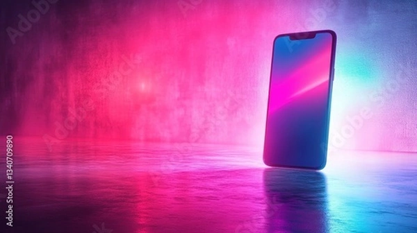 Fototapeta Sleek Smartphone on Futuristic Neon Background with Vibrant Colors