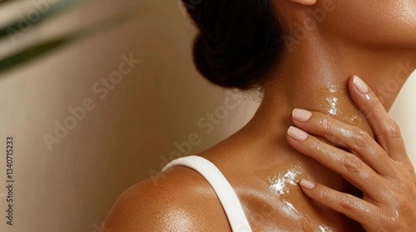 Fototapeta An alluring image highlighting radiant skin care essence, emphasizing both beauty and self-care while capturing the essence of luxury through a gentle touch and soft lighting effects.