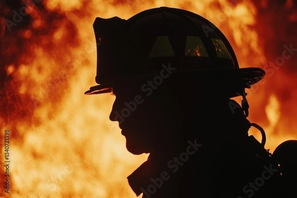 Fototapeta A silhouette of a firefighter standing in front of a blazing fire, ideal for use in emergency response or firefighting-themed contexts