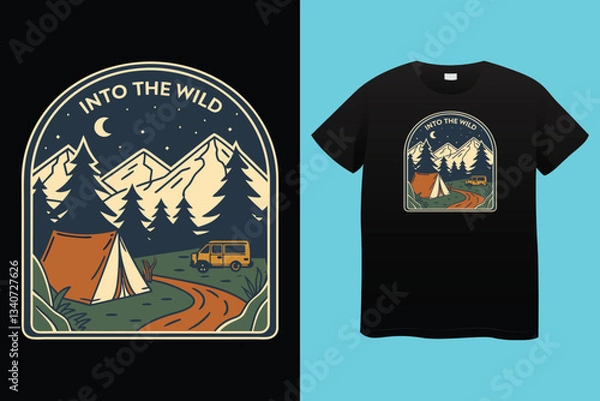 Fototapeta Set of Summer camp and hiking patches, badges. Vector. Concept for shirt or logo, print, stamp, patch or tee. Design with mountain, forest, hiking boots, rv trailer, camping tent, campfire.