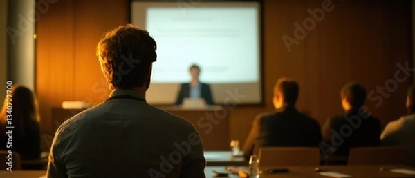 Fototapeta Group of people seated, focused on a presentation or meeting