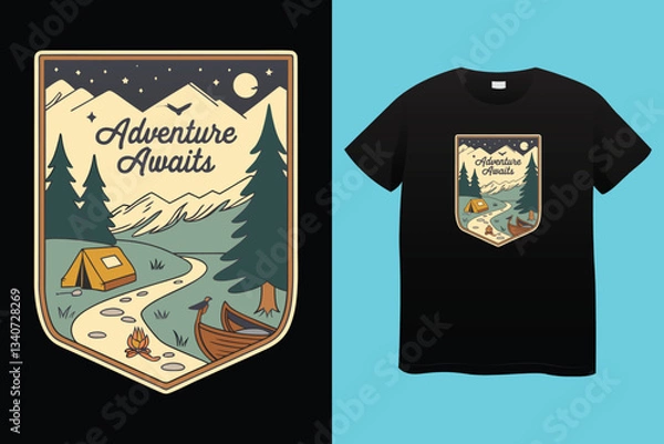 Fototapeta Set of Summer camp and hiking patches, badges. Vector. Concept for shirt or logo, print, stamp, patch or tee. Design with mountain, forest, hiking boots, rv trailer, camping tent, campfire.