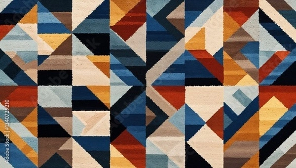Fototapeta Modern Geometric Rug with Abstract Triangle Pattern in Blue Red Yellow White