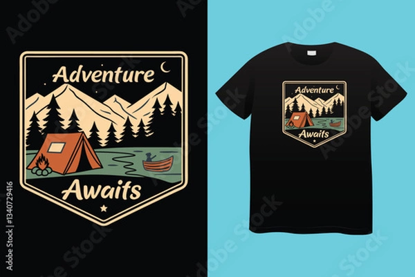 Fototapeta Set of Summer camp and hiking patches, badges. Vector. Concept for shirt or logo, print, stamp, patch or tee. Design with mountain, forest, hiking boots, rv trailer, camping tent, campfire.