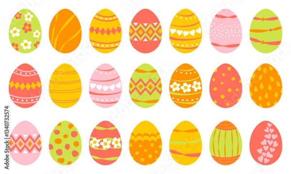 Obraz Set of Easter eggs. Patterns of green, red, yellow and white colors. Vector clipart design elements in flat hand drawn style.