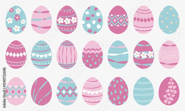 Obraz Set of Easter eggs. Patterns in pink, blue and white colors. Vector clipart design elements in flat hand drawn style.