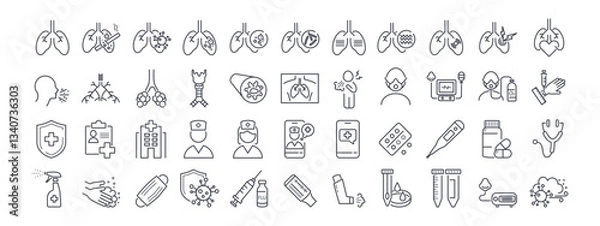 Obraz  Respiratory Health Vector Line Icons Set. Lungs, diseases (TB, pneumonia, asthma), diagnostics (X-ray, tests), and treatment. Ideal for medical apps, infographics, and websites. Editable Strokes 