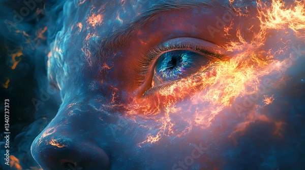 Fototapeta A mesmerizing digital artwork showcasing a stunning blue and fiery eye