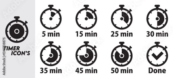 Obraz Stopwatch icon set. Line and glyph stopwatch timer. Countdown timer collection.