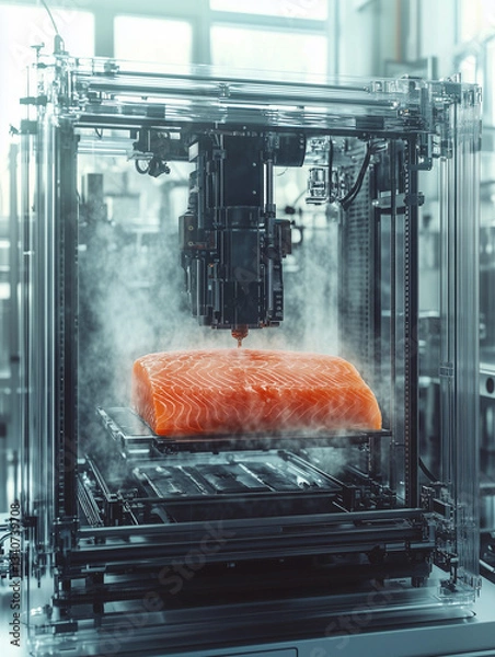 Fototapeta Futuristic food printer creating a piece of fresh salmon in a laboratory setting.