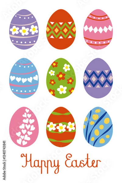 Obraz Happy Easter. Eggs colorful illustration on white background. Vector design elenemts in flat hand draw style. Religions Easter card.