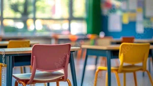 Fototapeta Empty colorful classroom desks and chairs near window.