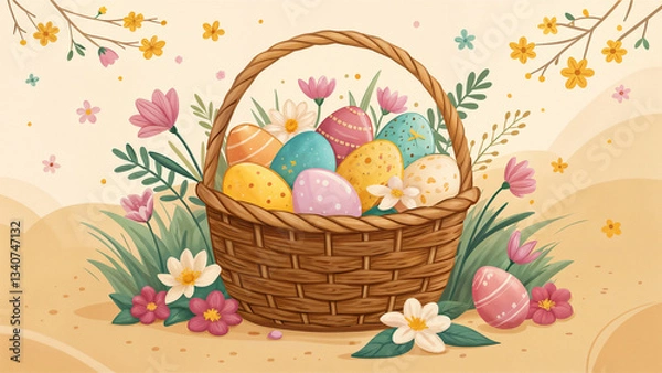 Obraz basket with Easter eggs on a background of flowers