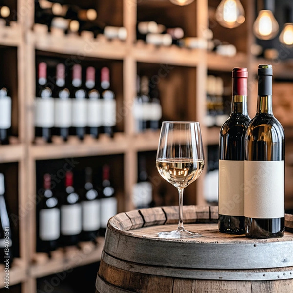 Fototapeta Dos botellas de vino con etiqueta en blanco y copa de vino blanco sobre un barril de madera en una bodega con estanterías llenas de botellas de vino.