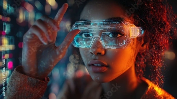 Fototapeta Young woman exploring virtual reality in a neon-lit gaming setup

