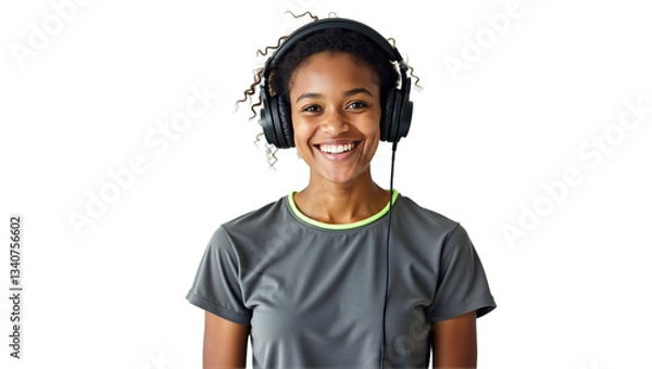 Fototapeta Isolated studio portrait of a young African-American woman with headphones and microphone listening to music or podcast, on white background. Ideal for tech, audio, communication visuals.
