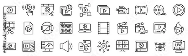 Fototapeta Set of 30 outline icons related to video. Linear icon collection. Editable stroke. Vector illustration