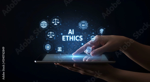 Fototapeta hand engages AI ethics and law in artifici with a digital tablet, showcasing the concept of AI ethics through various icons symbolizing justice, security, and connectivity in a futuristic interface
