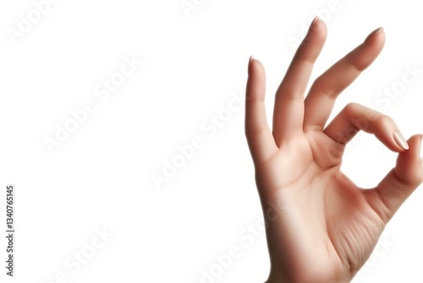 Obraz Woman's hand making ok gesture on white background.