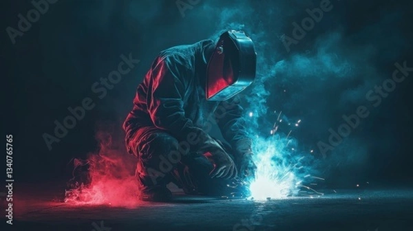 Obraz Skilled Welder in Protective Gear Performing Welding Work in Dark Environment with Colorful Sparks and Smoke Effects for Industrial Themed Stock Photography