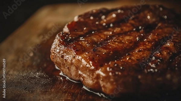 Obraz Close-up of a grilled steak on a wooden cutting board.