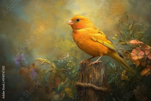 Fototapeta Colorful Canary Perched on Rustic Wooden Post Surrounded by Blooms