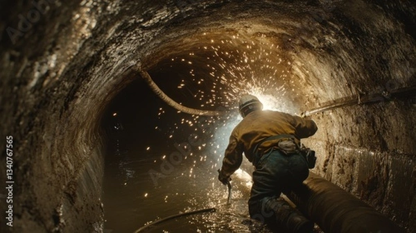 Fototapeta Dynamic Scene of a Welder in a Dark Underground Tunnel Creating Sparks, Wearing Protective Gear and Engaged in Industrial Work in Challenging Conditions