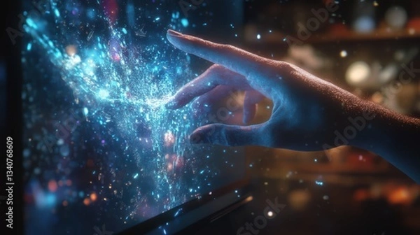 Fototapeta Futuristic Hand Interacting with Glowing Blue Particles on a Screen Abstract Technology Background