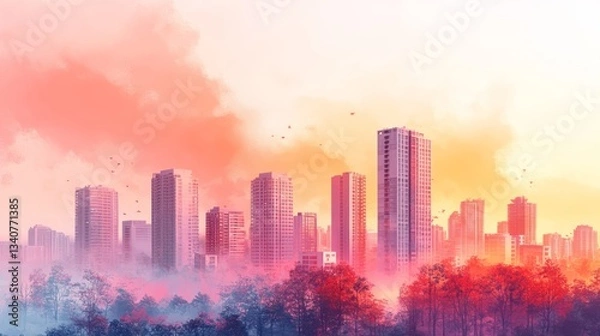 Fototapeta Cityscape at sunset with trees and a painted effect