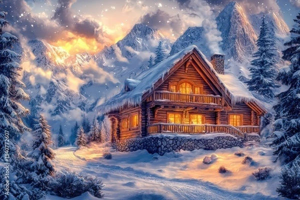 Fototapeta Snow-Covered Chalet Exuding Warmth in Scenic Mountain Valley