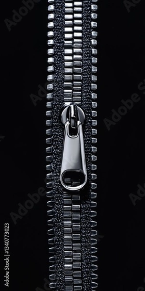 Fototapeta Close-up of a metallic zipper on a black fabric background.