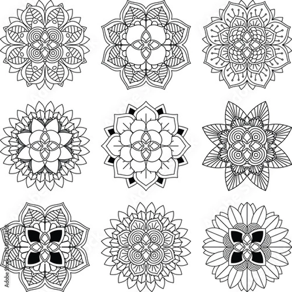 Obraz Set of 9 hand drawn Mandalas Vector, NOT generative AI Images.