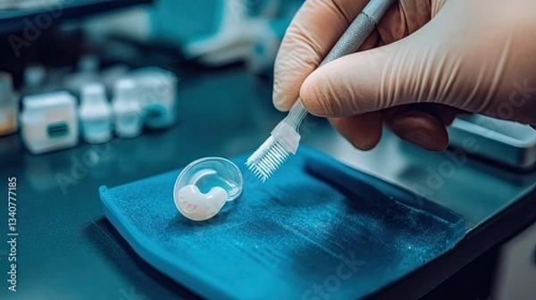 Fototapeta A high-tech hearing aid being cleaned with a soft brush and cloth