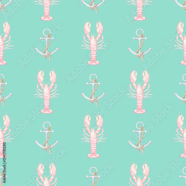 Fototapeta anchor, crabs, shrimps, lobsters. Watercolor seamless pattern in pastel colors. Cute seafood illustration for textile, wrapping paper, menu