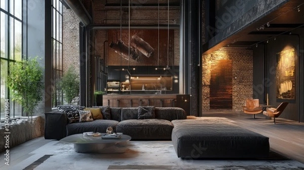Fototapeta An abandoned industrial factory transformed into a modern luxury loft --ar 16:9 --v 6.1 Job ID: c0d644b0-5a64-4919-abe6-a90a9b1e4572
