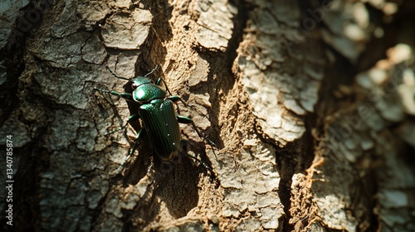Fototapeta Metallic Green Tiger Beetle on Tree Bark in Natural Light