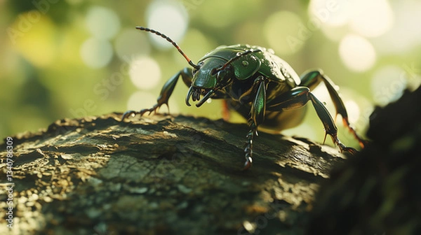 Fototapeta Metallic Green Tiger Beetle on Tree Bark