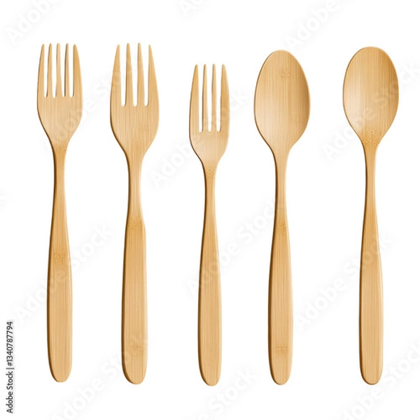 Fototapeta isolated transparent Background. Bamboo cutlery set with forks and spoons, eco friendly and sustainable design